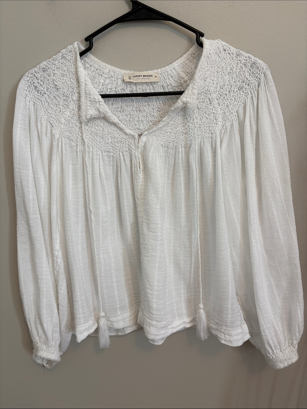 Lucky Brand White Smocked Peasant Blouse with Tassel Ties